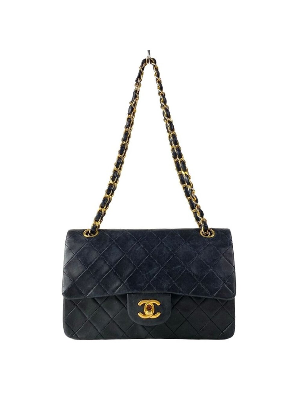 Chanel Shoulder Bag Double Flap Quilted Black Gold Chain Lambskin